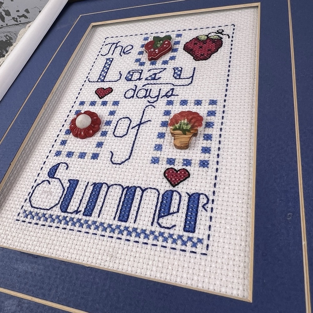 Finished Framed Cross Stitch "Lazy Days Of Summer" Strawberries Buttons Country